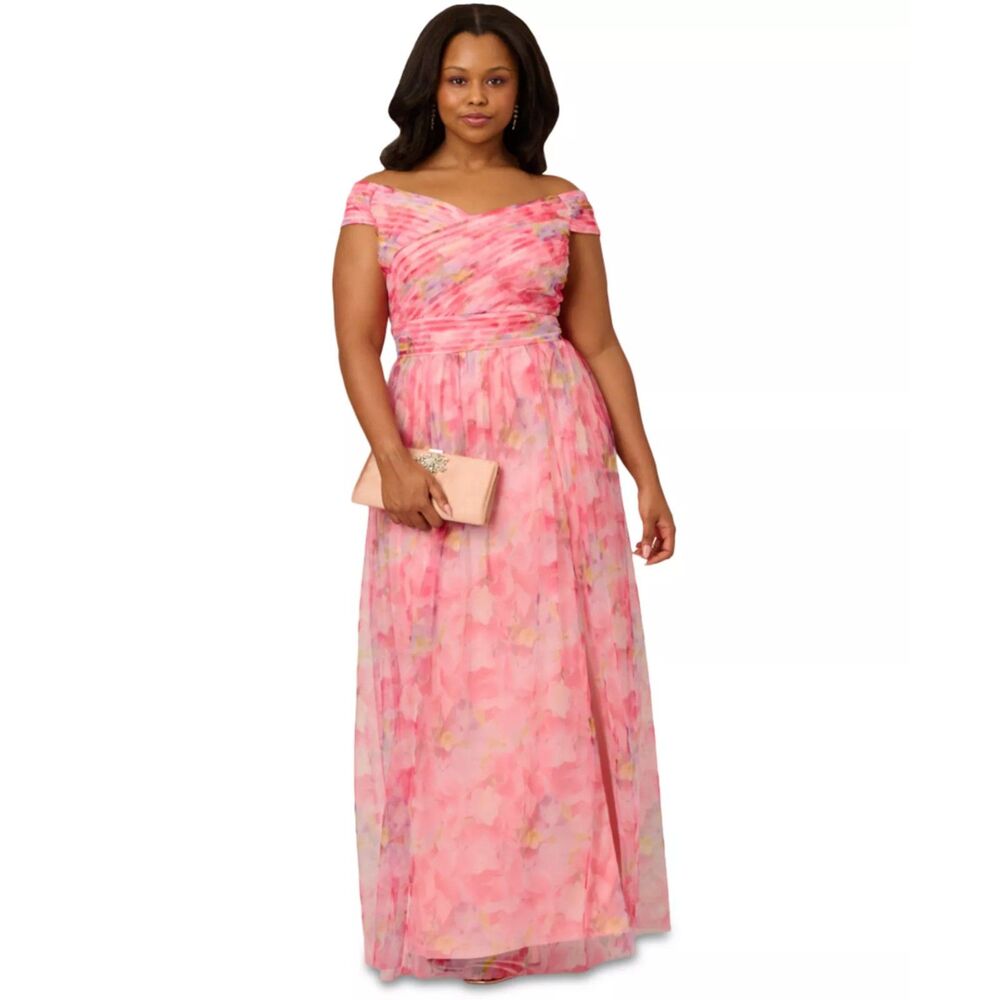 Adrianna Papell Printed Tulle Off-the-Shoulder Gown, NEW! Size 16